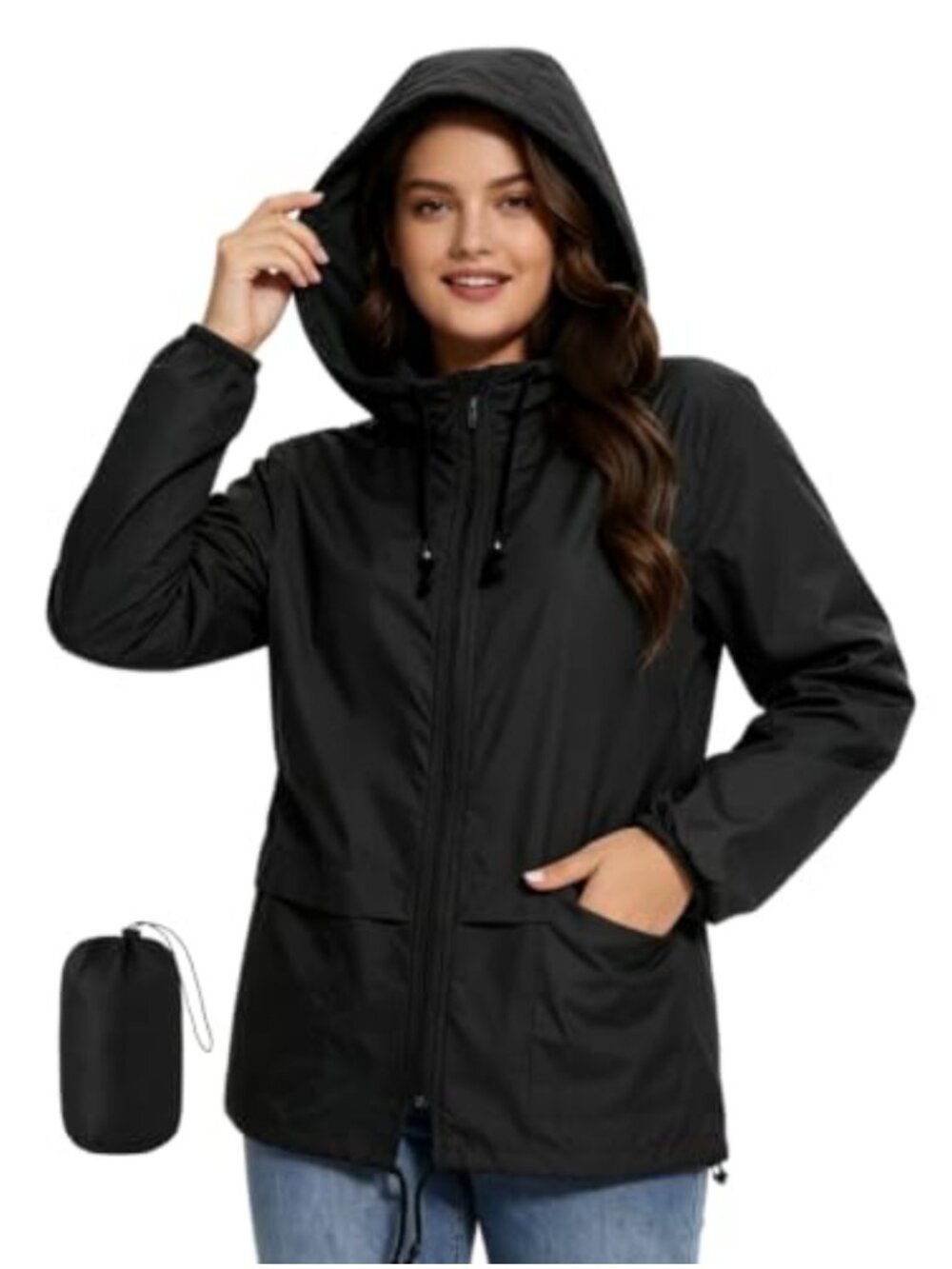 Packable Rain Jacket Women Lightweight Waterproof Windbreaker Hooded